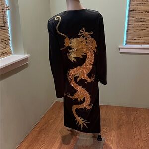 Akira Elegant Black Satin Kimono With Embroidered Sequin Dragon XL